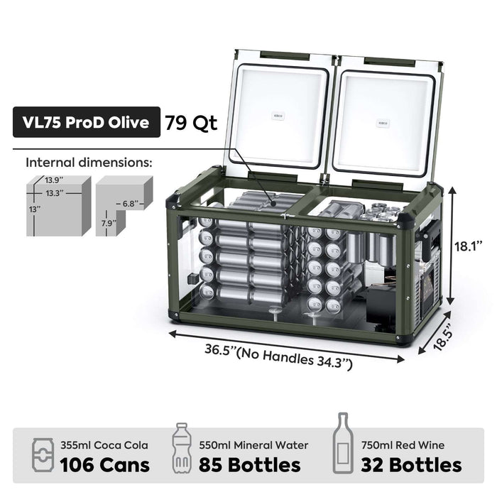 ICECO VL75ProD 79.2QT Olive 12V Heavy Duty Metal Fridge Freezer